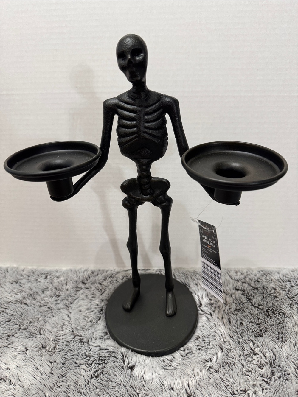Aldi Halloween Skeleton Candelabra Pillar Black 13” Home Decor Candle Holder NWT